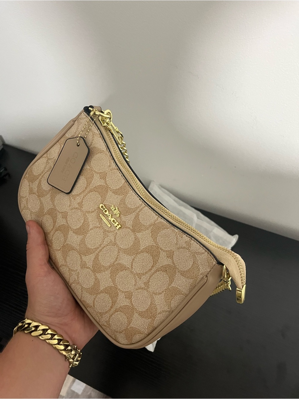 Coach Tan Signature Canvas Shoulder Pouch with Gold Hardware